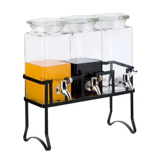 3PCS Square Glass Beverage Dispenser with Plastic Tap and Metal Rack for Juice Soft Drink