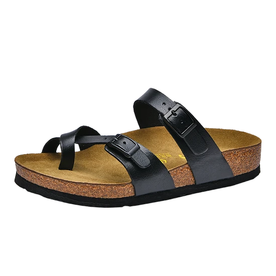 Women′s Leather Sandals Comfortable Cork Pad Flat Toe Sandals Outdoor Beach Slippers