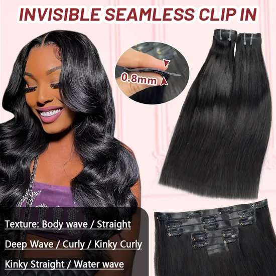 Fblhair Straight Invisible Hair PU Seamless Clip Ins Human Hair Extensions