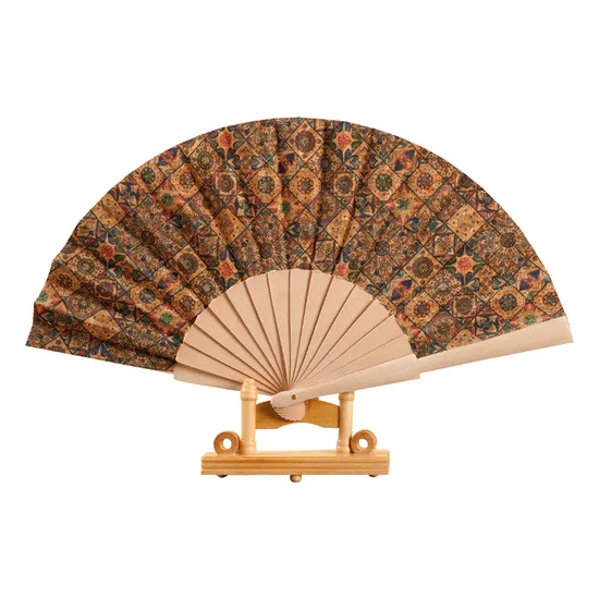 23cm Cork Fabric Hand Fan Portugal Vegetarian Wooden Fan with Eco-Friendly Material Linen Natural Color and Customized for Gift