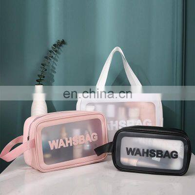 Custom Logo Travel Transparent Vinyl Waterproof Beach Zipper Cosmetic Bag Pouch TSA Clear TPU PVC Toiletry Bag With Handle