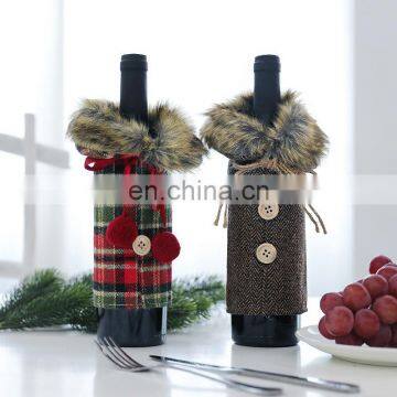 Wine Bottle Cover Christmas gunny clothes with button Red Bottle Decor with fur Dinner Party