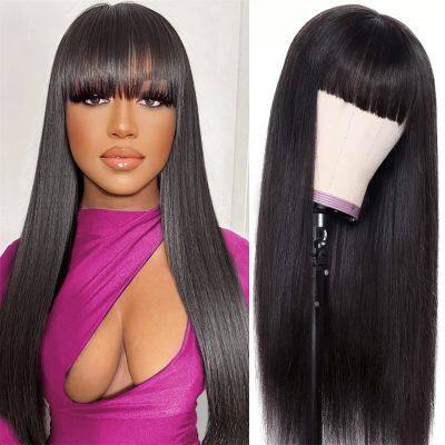 32 inch 180 Density Remy Brazilian Bone Straight Human Hair Wigs With Bangs Glueless Preplucked Wig Ready To Wear For Women