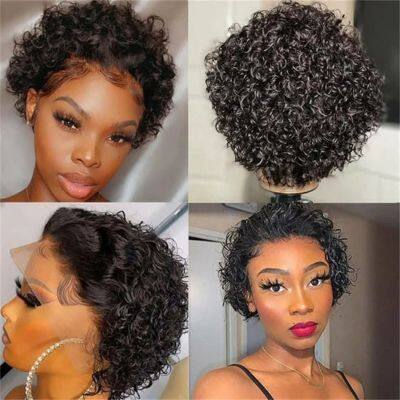 Pixie Cut Wig Short Bob Curly Human Hair Wigs Cheap 13X1 Transparent Lace 99J Burgundy Water Deep Wave Lace Front Wig For Women